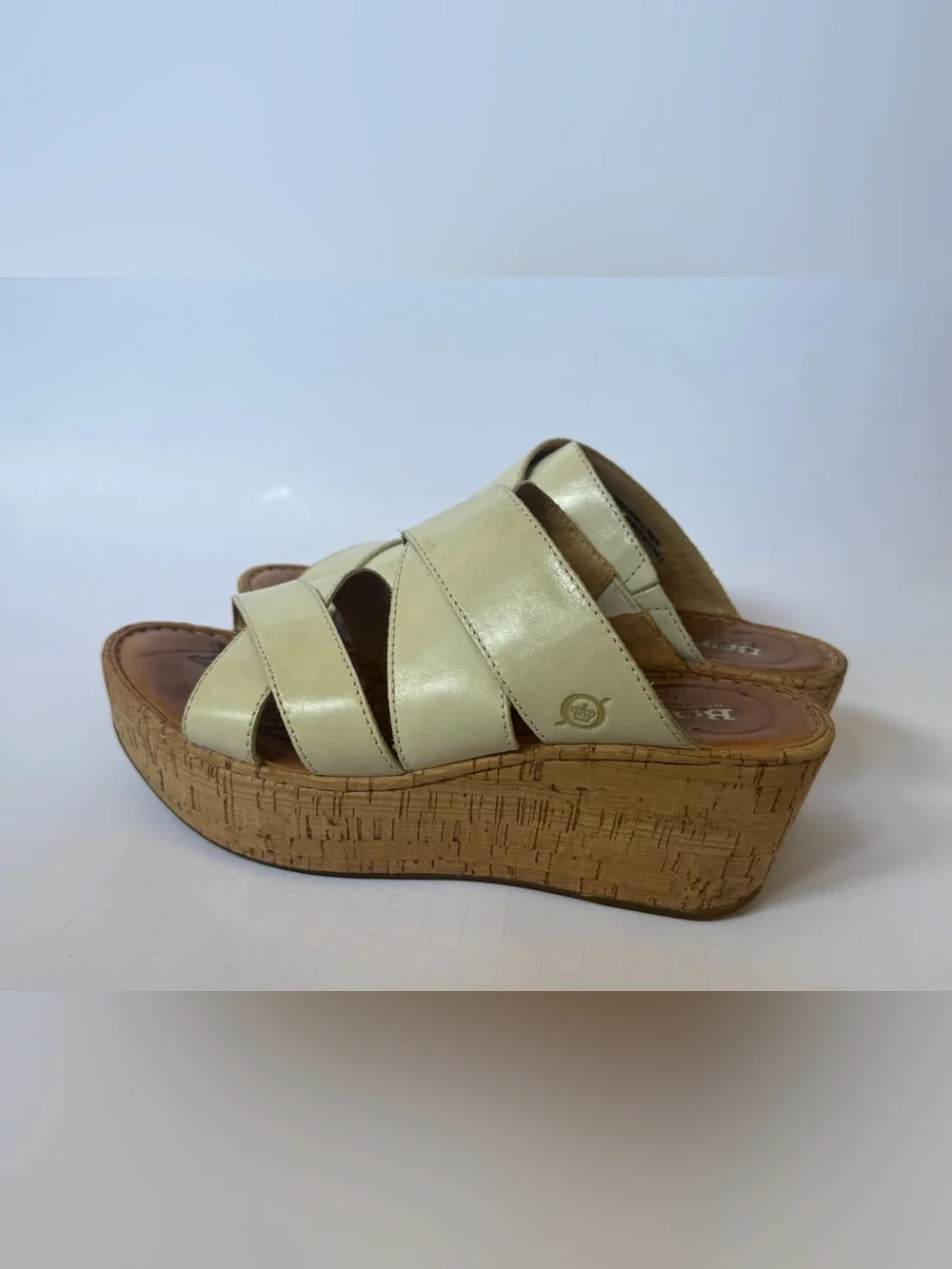 Born Cream Leather Cork Wedge Slide Sandals